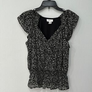 Floral Print Chiffon To Deep V-neck, Flutter Sleeves, and Ruched Bodice Sz M